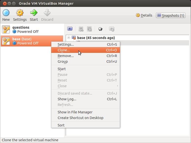 VirtualBox cloning of base VM: Clone the base VM